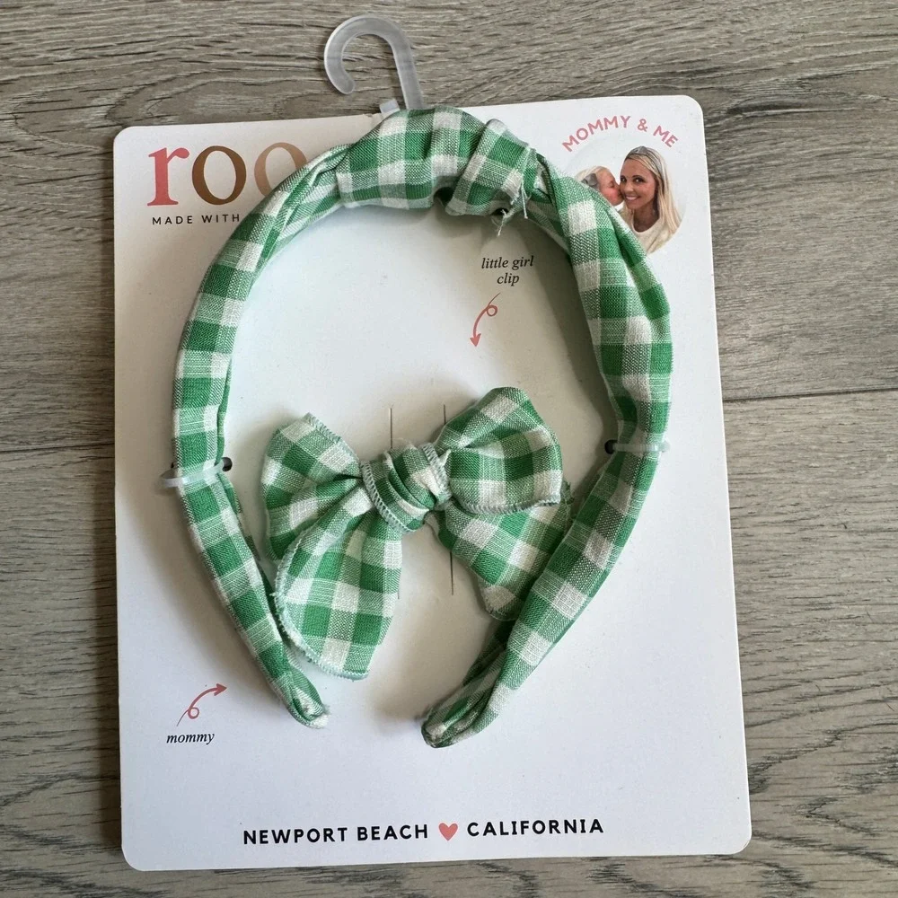 Roo Mommy & Me Green Gingham‎ Knotted Headband and Little Girl Bow Clip Set NWT